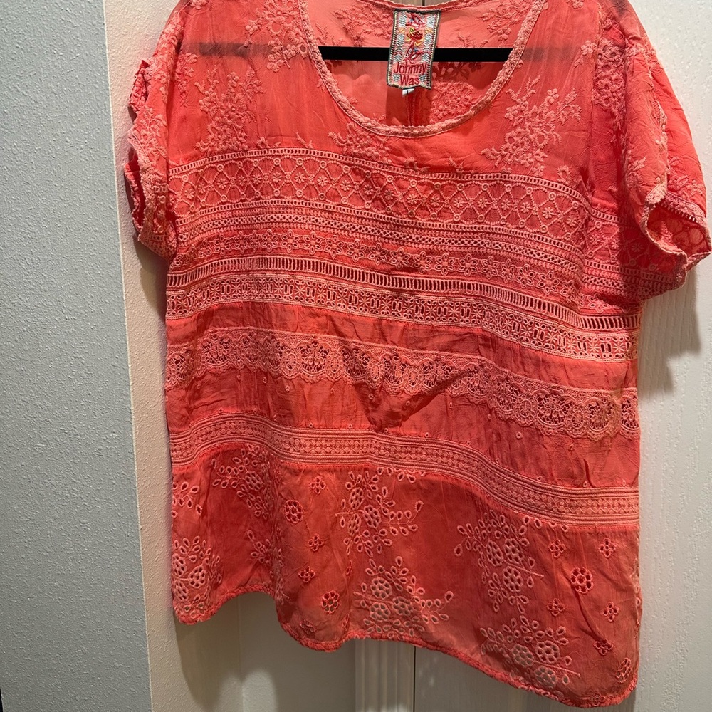 Johnny Was Coral Embroidered Blouse